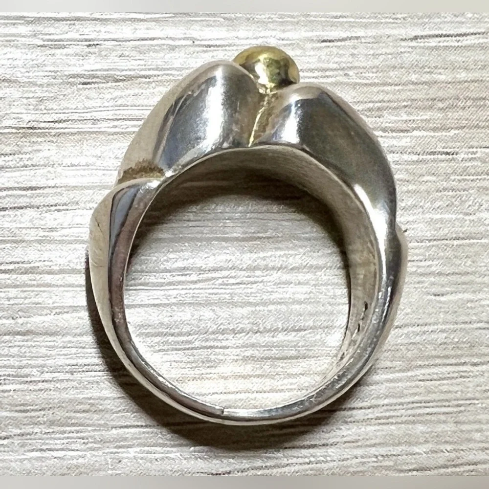 Vintage Designer Signed Sterling Silver & Yellow Gold Band Ring, Size 4.5, 10.6g